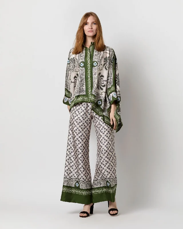 Women's Blouse with Cropped LengthFoulard Shirt in Green Mirage Placée Silk Twill