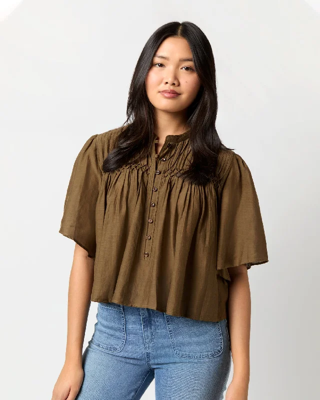 Women's Blouse with Collarless NeckDestiny Top in Khaki