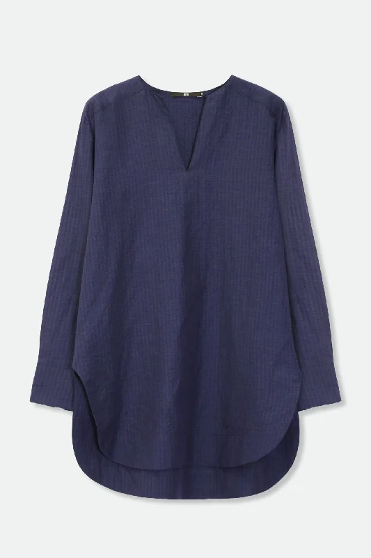 Women's Blouse with High CollarMARAKESH TUNIC SHIRT IN COTTON LINEN NAVY BLUE STRIPE