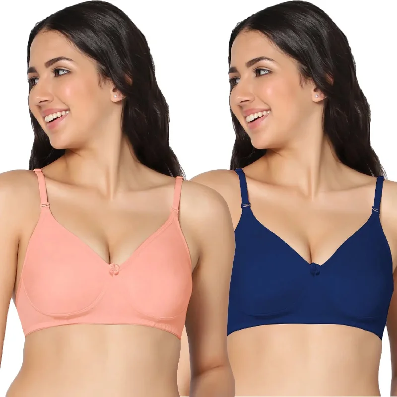 wireless bra with front closure for comfortNon padded medium coverage Peach & Royal Blue Color Everyday Bra (Pack of 2)