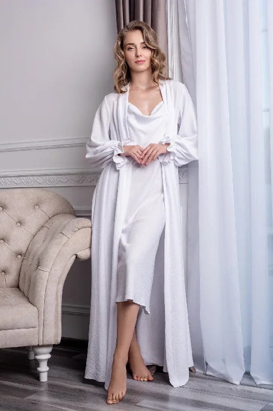 women's pajamas with pockets on the chestSummer Loungewear Set in White: Nightdress and Robe