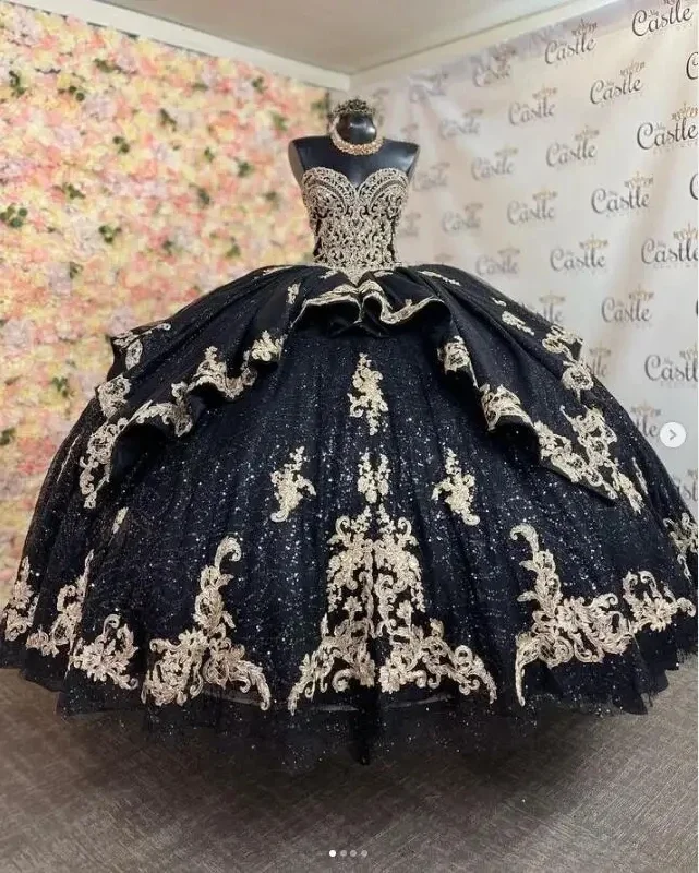 Women's Pencil DressesGlittering Quinceanera Dresses Black Gold Applique Luxury Sweetheart Vestidos De 15 Anos Birthday Party Prom Corset