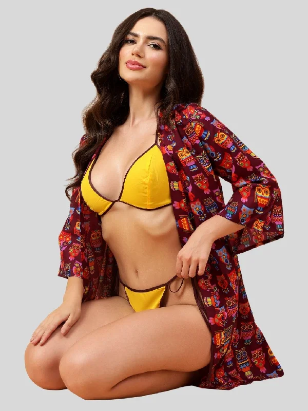 women's pajamas for those who value qualityVelvi Figure Satin Robe Set with Yellow Bikini - Floral Print