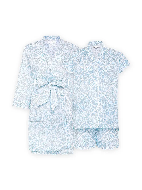 women's pajamas in soft, breathable materialsIce Blue Filigree Bundle: Short Classic Robe + PJ with Shorts