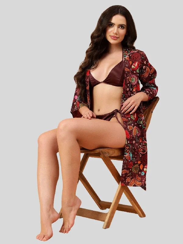 women's pajamas with pockets on legsVelvi Figure Satin Robe Set with Wine Bikini - Floral Print