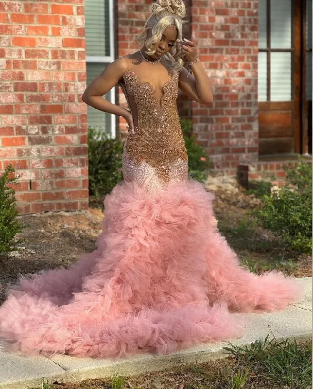 Women's Empire Waist DressesRose Pink Ruffles Mermaid Prom Birthday Gala Dresses for Black Girl 2024 Sparkly Diamond Luxury Evening Ceremony Party Gown