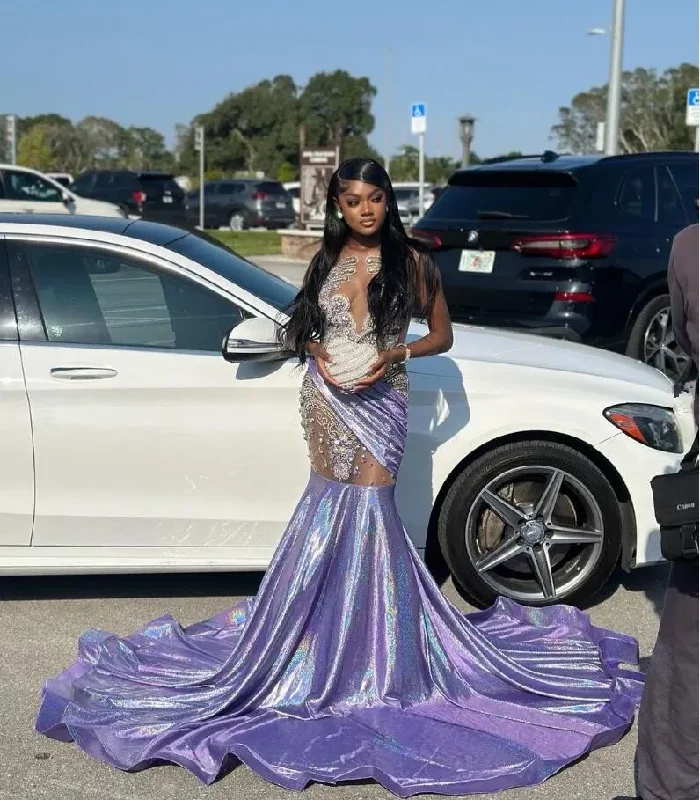 Women's Off-Shoulder DressesLilac Purple Sparkly Mermaid Evening Ceremony Party Dresses for Black Girl Luxury Diamond Gillter Sheer Prom Birthday Gala Gown