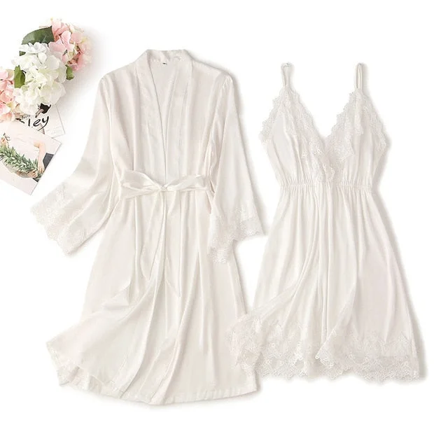 women's pajamas with a charming, vintage aestheticTwo pieces lace robe & gown set