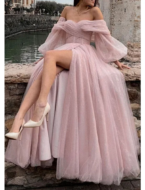 Women's Mini DressesA-Line Prom Dresses Corsets Dress Formal Wedding Party Dress Floor Length Long Sleeve Off Shoulder Tulle with Glitter Ruched Slit