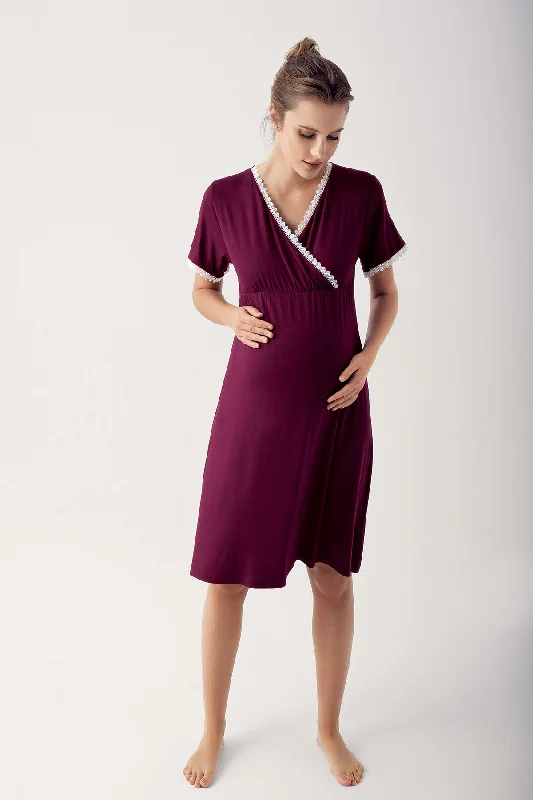 women's pajamas with pocketsShopymommy 14114 Lace Double Breasted Maternity & Nursing Nightgown Plum