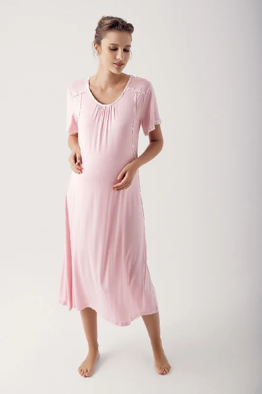 women's pajamas with moisture-wicking fabricShopymommy 14127 Breastfeeding Detailed Maternity & Nursing Nightgown Powder