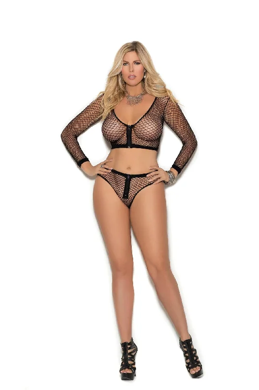 sheer lace braElegant Moments Long Sleeve Fence Net Cami Top And Matching Booty Shorts  Plus Size EM1335Q