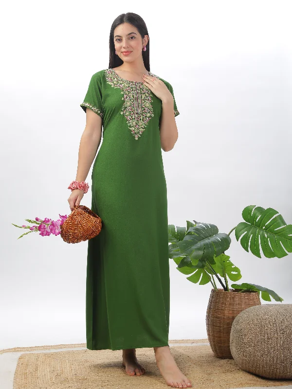 women's pajamas with cozy footiesGreen Alpine Designer Nighty with Elegant Embroidery - All-Season Wear