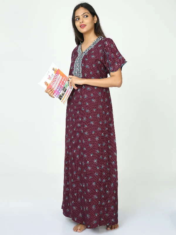 women's pajamas featuring floral embroideryAlpine Maxi Designer Nighty Dark Wine