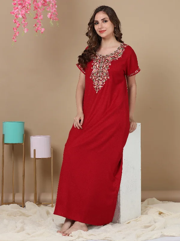 women's pajamas with a sophisticated, modern twistMaroon Alpine Nighty - A-Line Maxi with Exquisite Embroidery Details