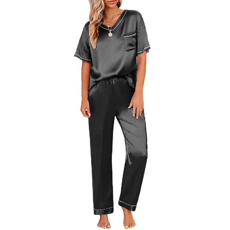 women's pajamas for loungingV-Neck Short Sleeve Silk Pajama Sets Sleepwear For Women