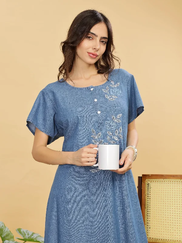 women's pajamas with a timeless appealSky Blue Cotton Embroidered Maxi Nighty | Comfort & Style Combined